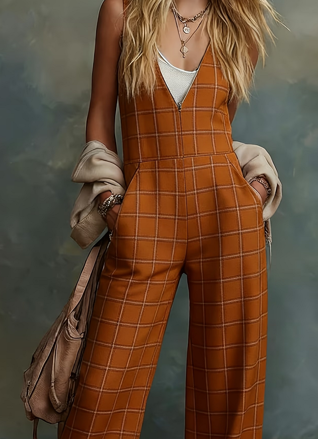 Women's American Retro Leopard Print V-Neck Zipper Wide-Leg Overalls Jumpsuit