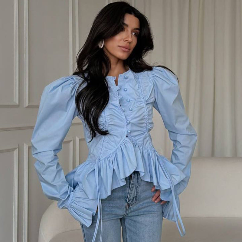 Ruffled Flare Sleeve Irregular Ruffle Hem Shirt