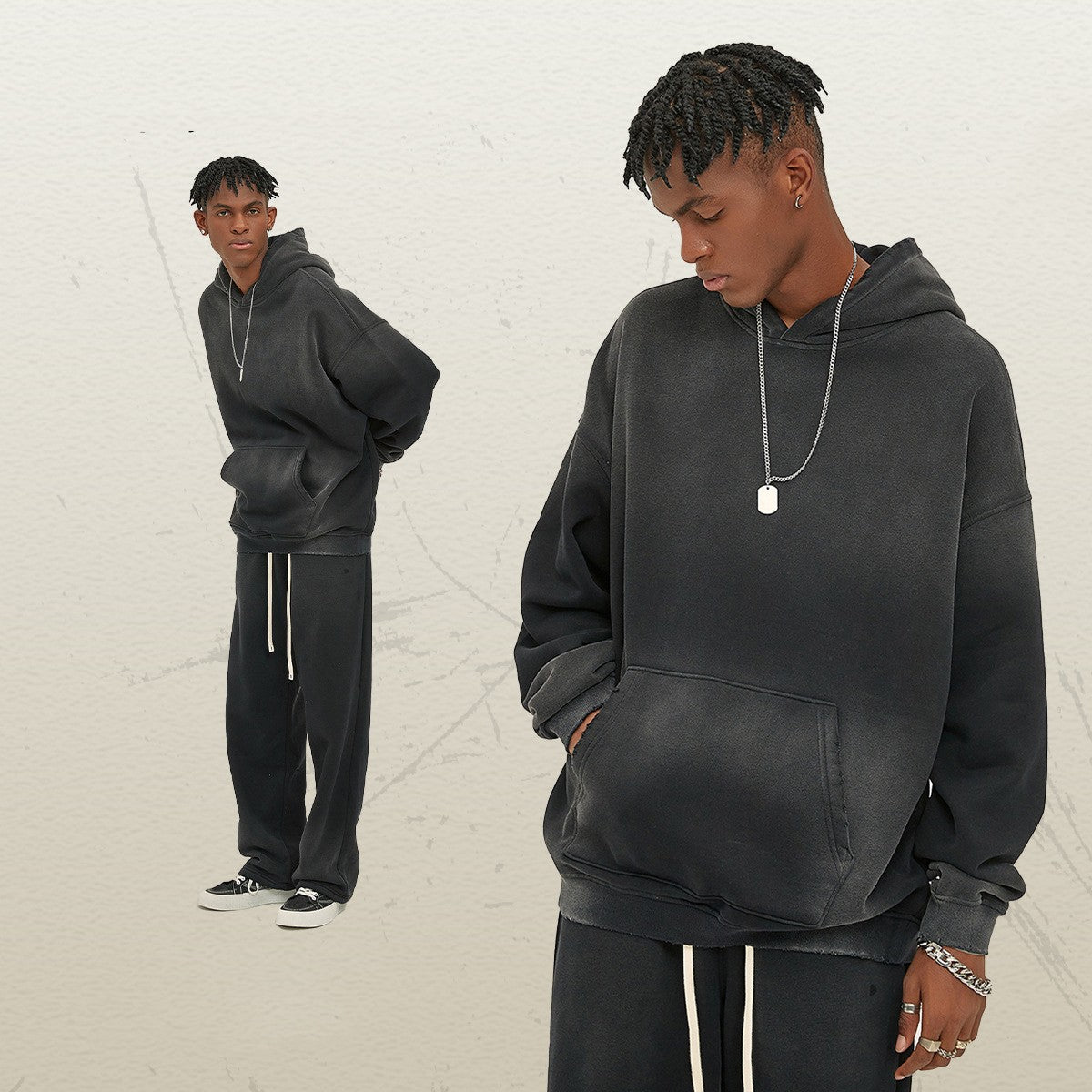 Distressed Fur-Lined Heavyweight Spray-Dyed Hoodie