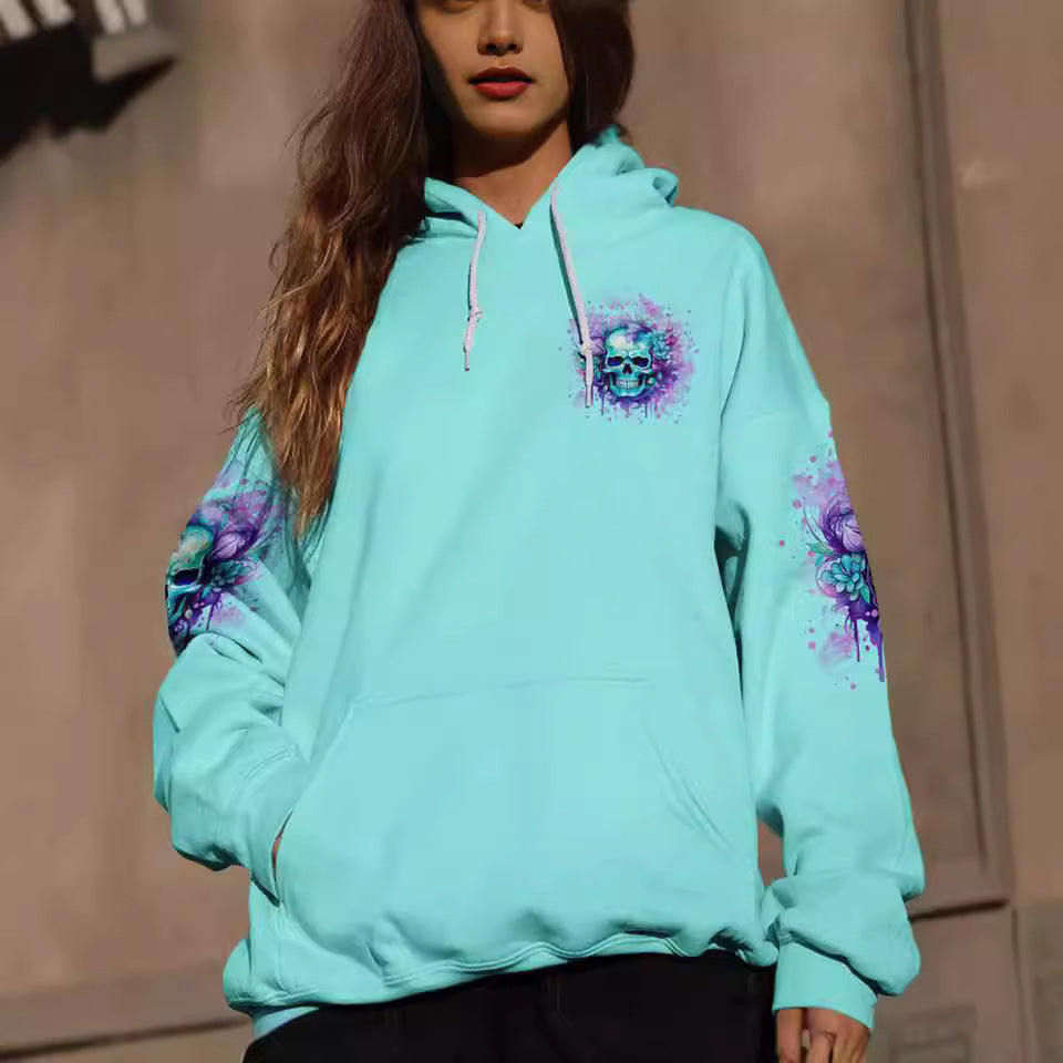 Trendy Green Skull Pullover Hoodie for Women