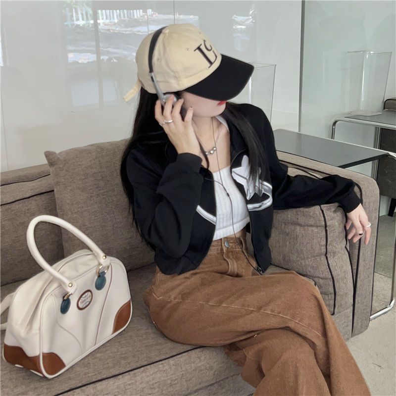 Retro Star Graphic Loose Fit Crop Sweater Jacket