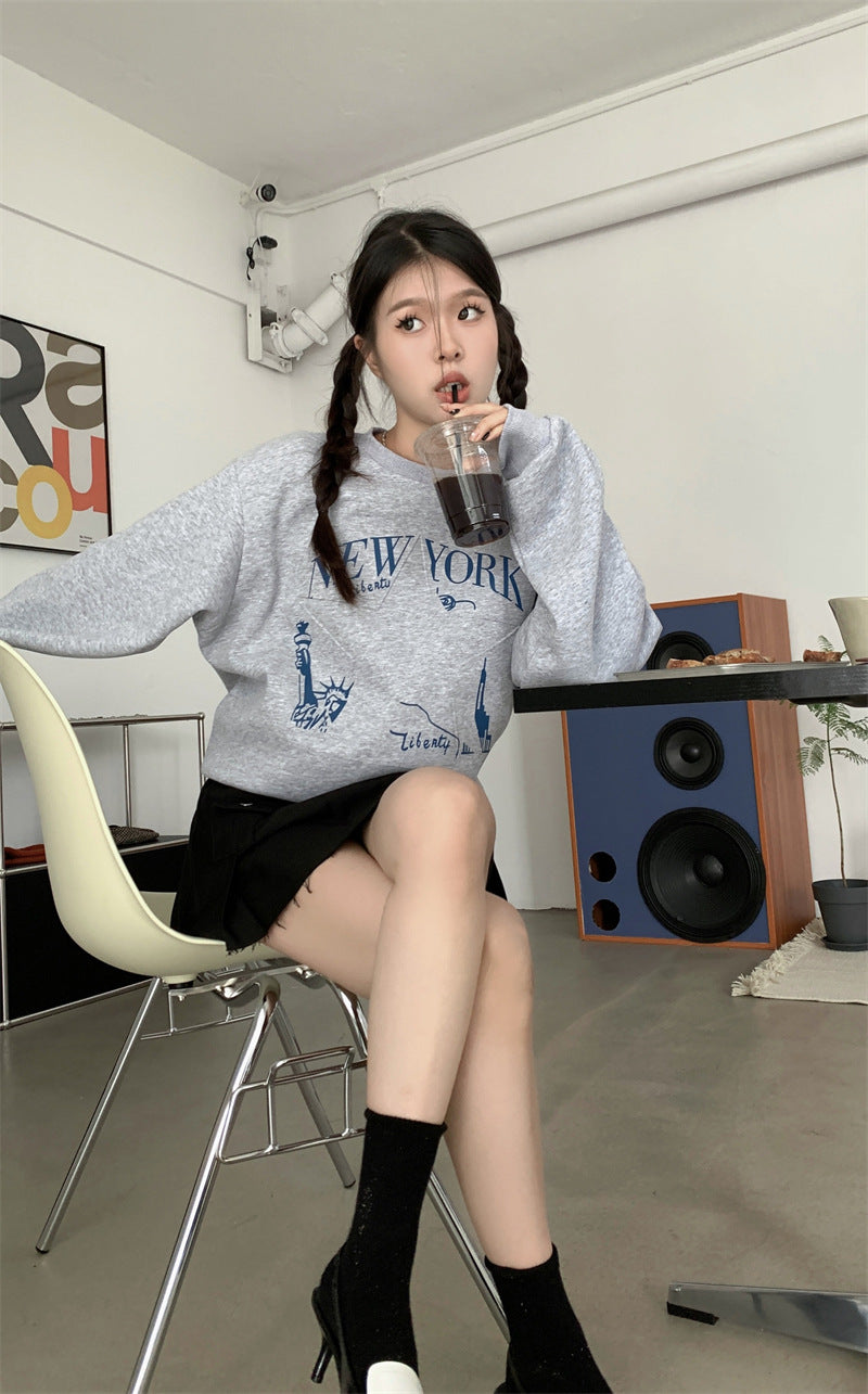Printed Sweater Early Autumn New Retro Loose All-matching Slimming Top Women's Fashion