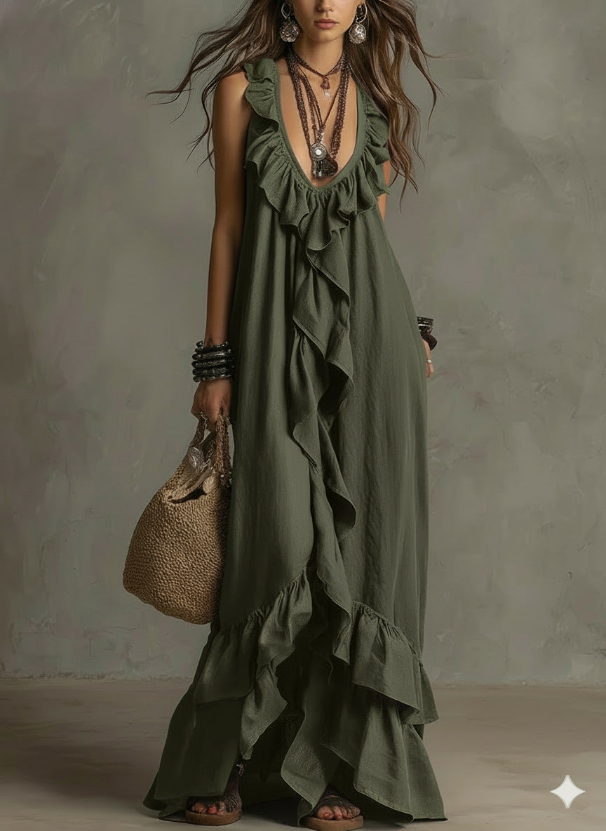 Bohemian V-Neck Ruffled Retro Dress