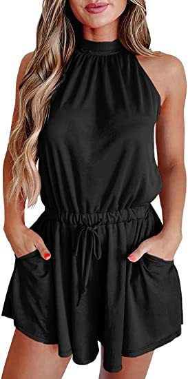 Women's Printed Halter Lace-Up Loose Jumpsuit Romper