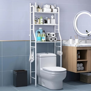 3-Tier Over-The-Toilet Storage Rack - Sturdy Metal Freestanding Bathroom Organizer with Roll Paper Holder & Hooks, Space-Saving Black Classic Design, Easy Assembly Bathroom Furniture, Bathroom Stor...