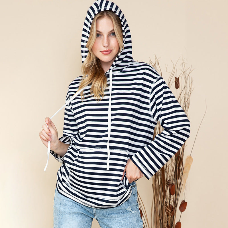 Women's Striped Casual Hooded Pullover Sweater