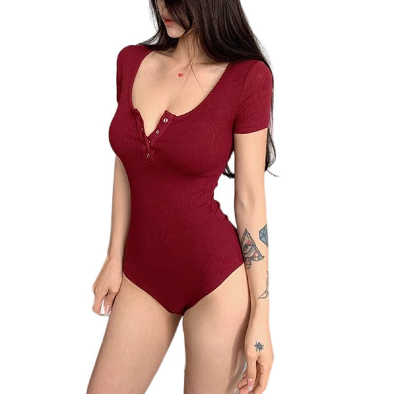 Womens Summer Breasted Jumpsuit With Crotch Buttons
