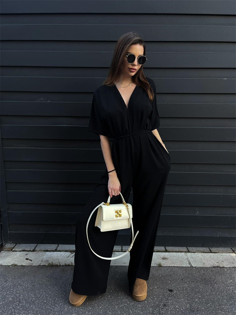 Chic V-Neck Wide-Leg Jumpsuit with Waist Tie