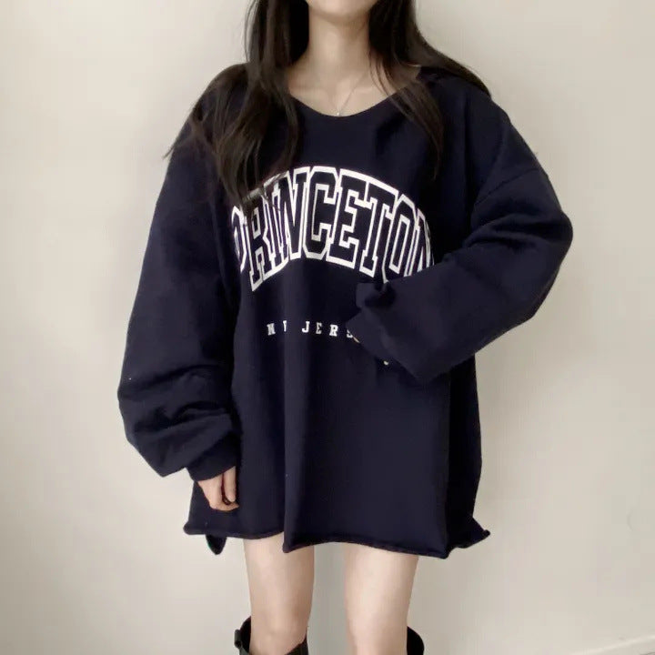 Korean Style Letter Print Loose Hooded Casual Sweater