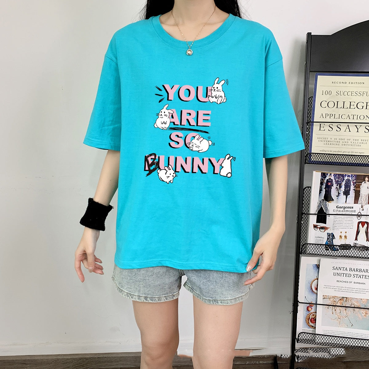 Cute Rabbit Print Cotton Short Sleeve Tee