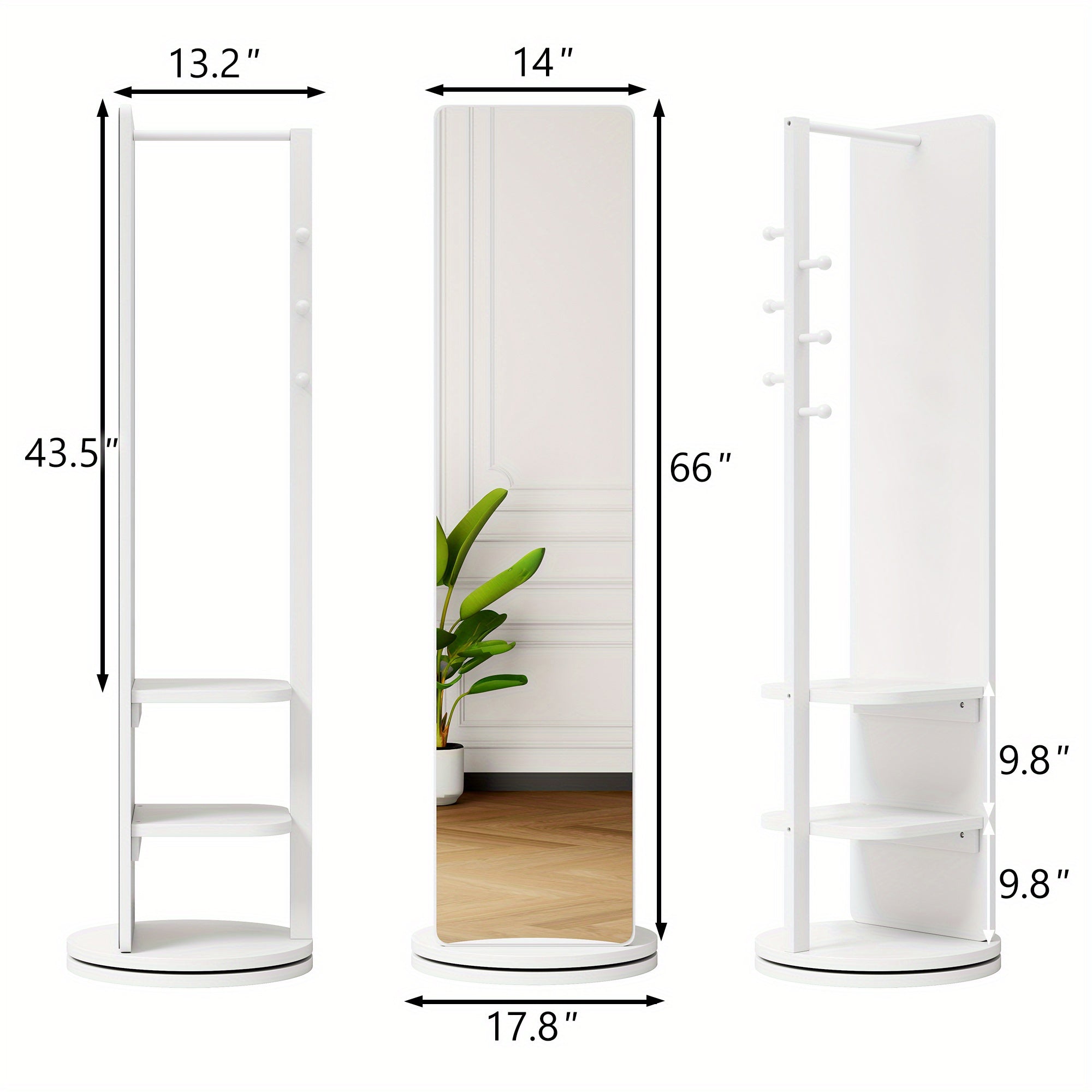 360° Rotating Full-length Mirror, Full-length Solid Wood Floor Mirror with Coat Rack Mirror with Storage with Storage Rack, Bag, Hat, Shoes, Suitable for Bedroom, Entrance Hall, Living Room