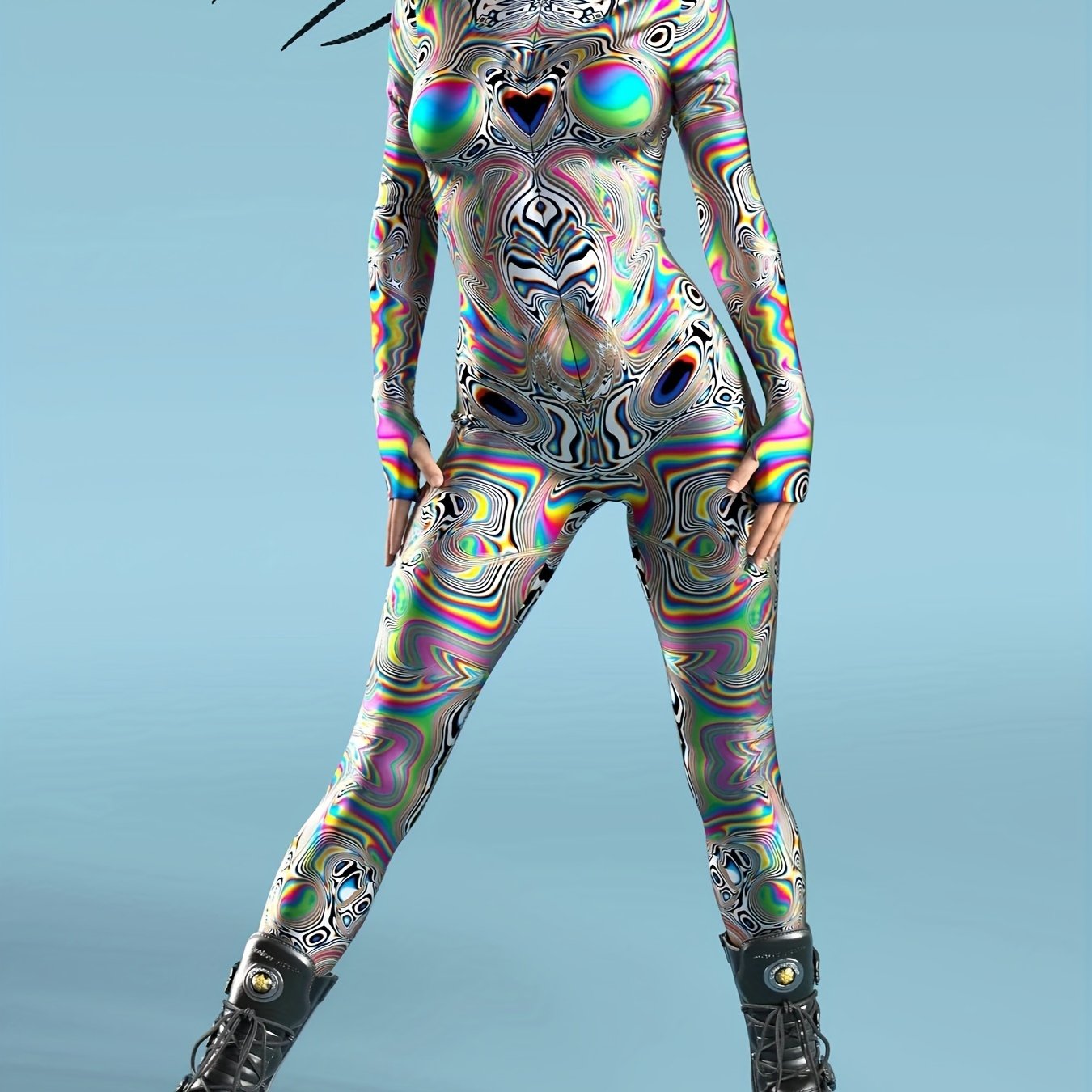 Psychedelic Fractal Print Spandex Bodysuit – High Neck, Long Sleeve, Women's Costume