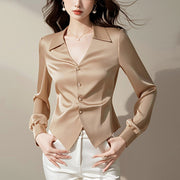 V-neck Long Sleeve Waist Trimming Shirt Women