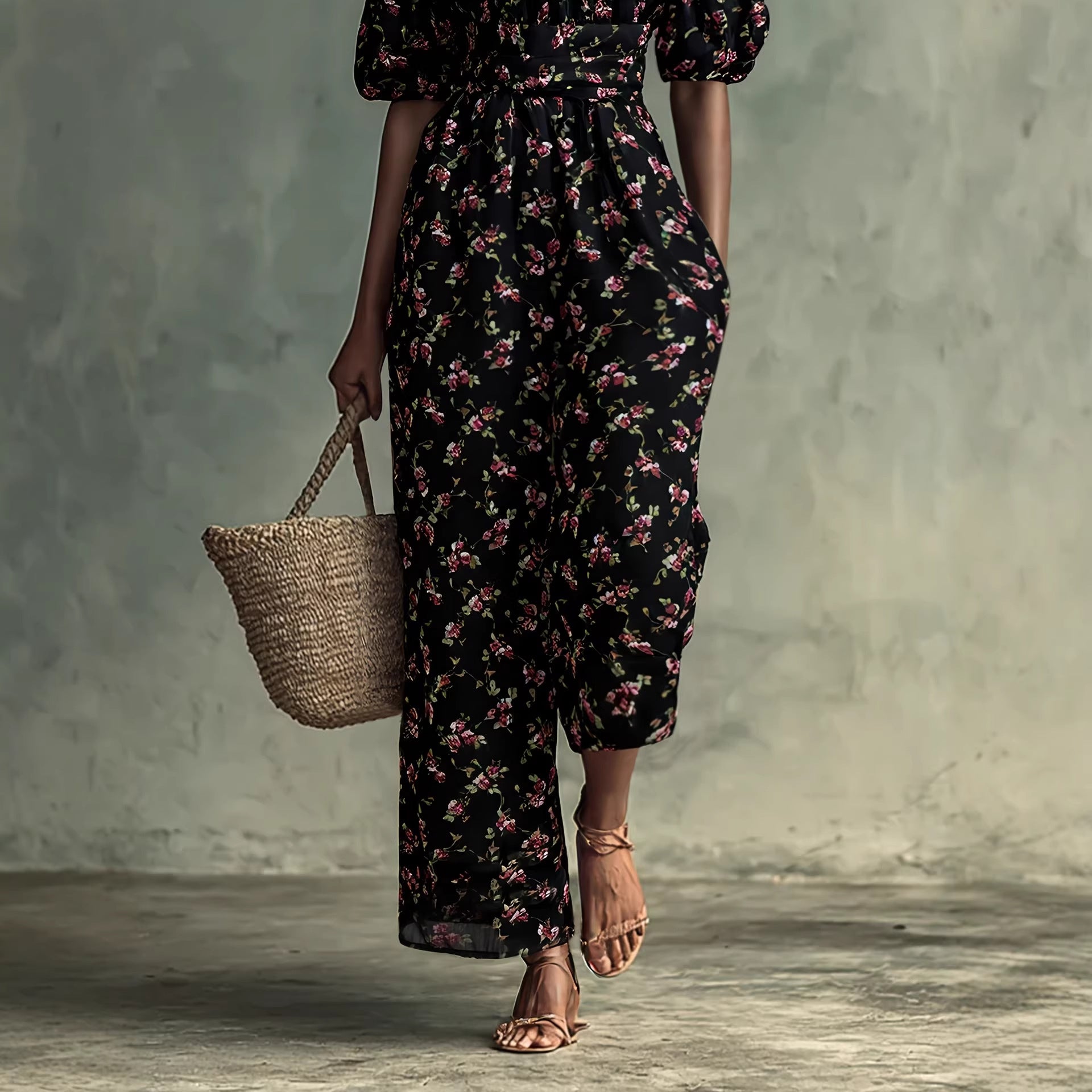 Women's Casual Printed Long Sleeve Pocket Jumpsuit