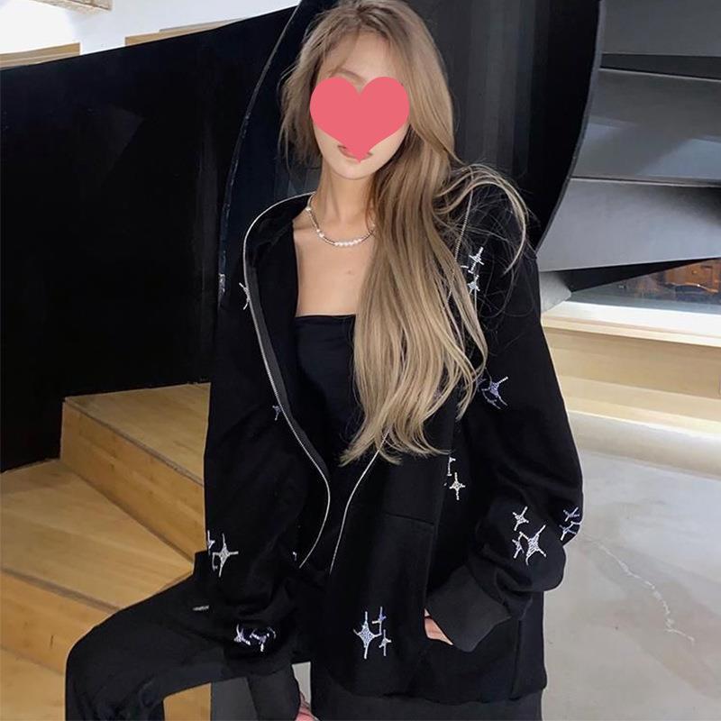 Rhinestone Zip-Up Hooded Sweater
