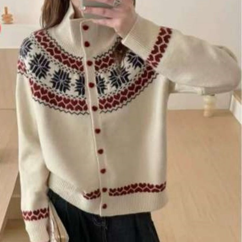 Korean Style Ethnic Inspired Jacquard Knit Cardigan for Women Autumn and Winter