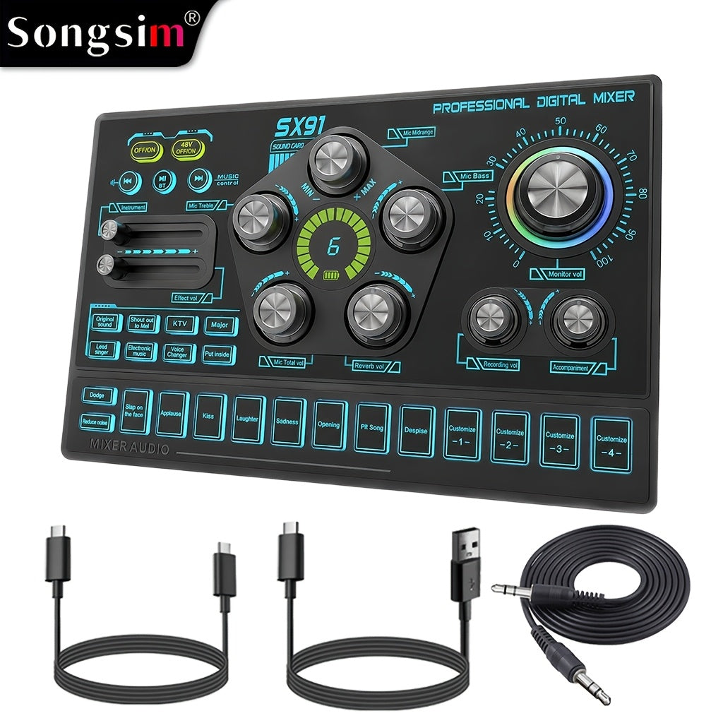 Audio Mixer Console with RGB Backlit, USB Charging, 48V Phantom Power, XLR Mic Interface, Volume Faders and One-Key Mute – Black