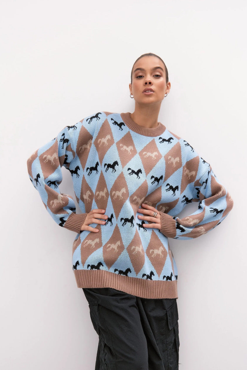 Womens Versatile Color-block Jacquard Knit Top with Long Sleeves