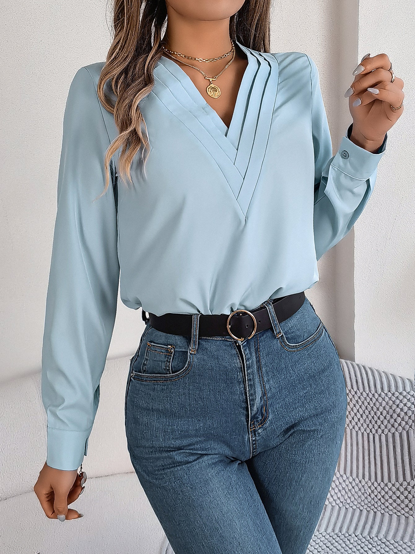 Elegant Solid Color Layered V-Neck Long Sleeve Blouse