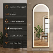 MCQ 26 x 71 In Arched/Rectangular LED Full Length Mirror, Full Body Floor Mirror Standing Hanging or Leaning Wall, Arch Wall Mirror with Stand Aluminum Alloy Thin Frame for Bedroom, Bathroom, Store