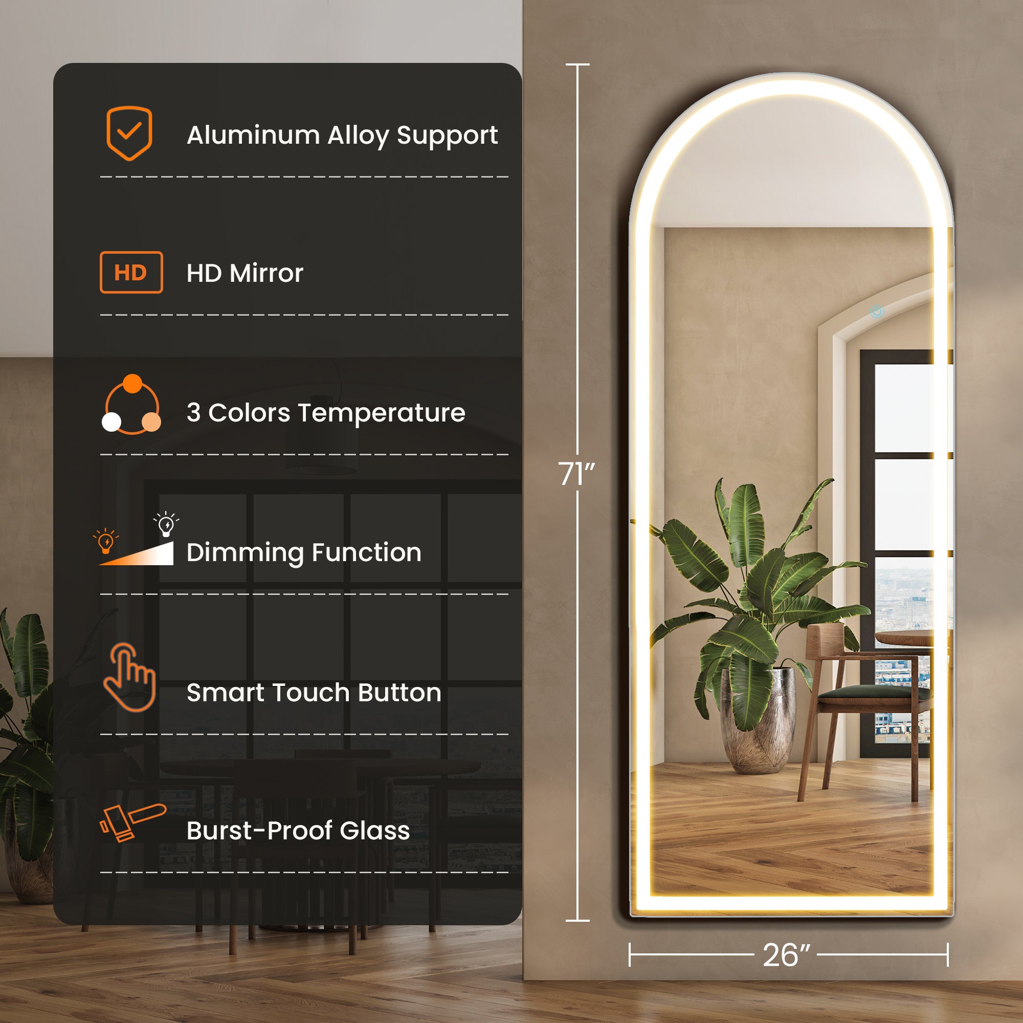 MCQ 26 x 71 In Arched/Rectangular LED Full Length Mirror, Full Body Floor Mirror Standing Hanging or Leaning Wall, Arch Wall Mirror with Stand Aluminum Alloy Thin Frame for Bedroom, Bathroom, Store