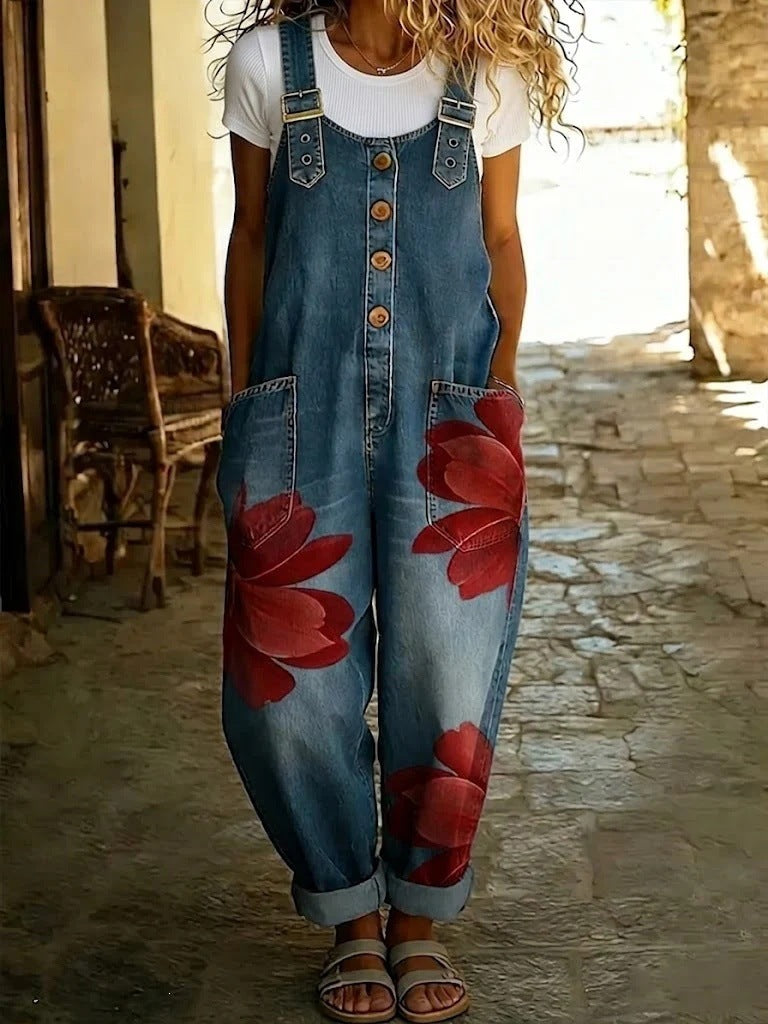 Floral Print Sleeveless Denim-Style Jumpsuit