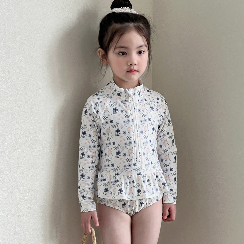 Girls' Long-Sleeve Floral One-Piece Swimsuit