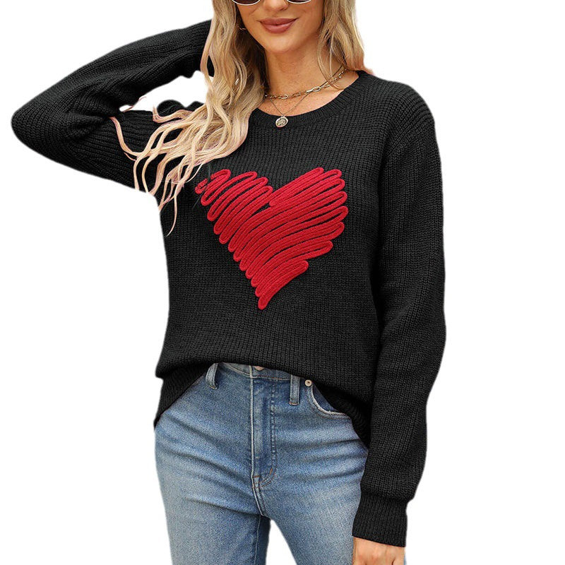 Loose Love Embroidered Crew Neck Pullover Long Sleeve Knitted Sweater for Women