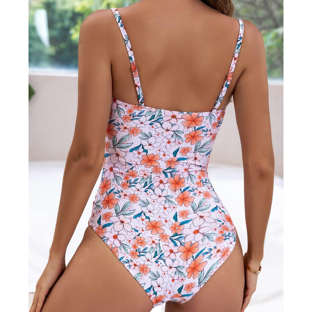 Printed Suspenders Pleated Women's One-piece Swimming Suit