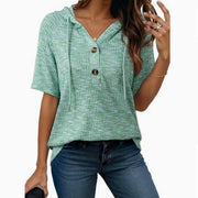 V-Neck Waffle-Knit Hooded Top – Cozy Short-Sleeve Style