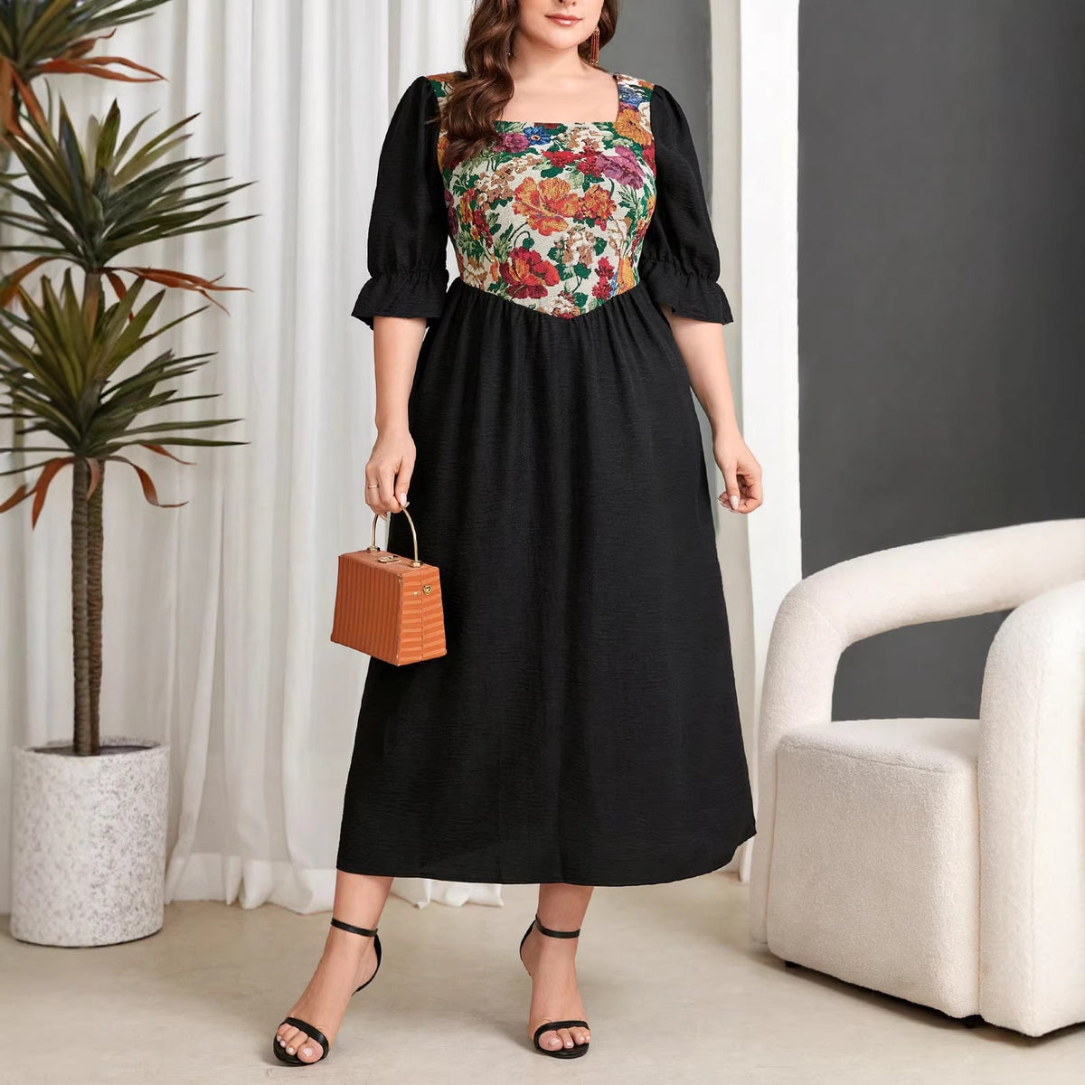 Womens Retro French-style Printed Patchwork Long-sleeve Dress