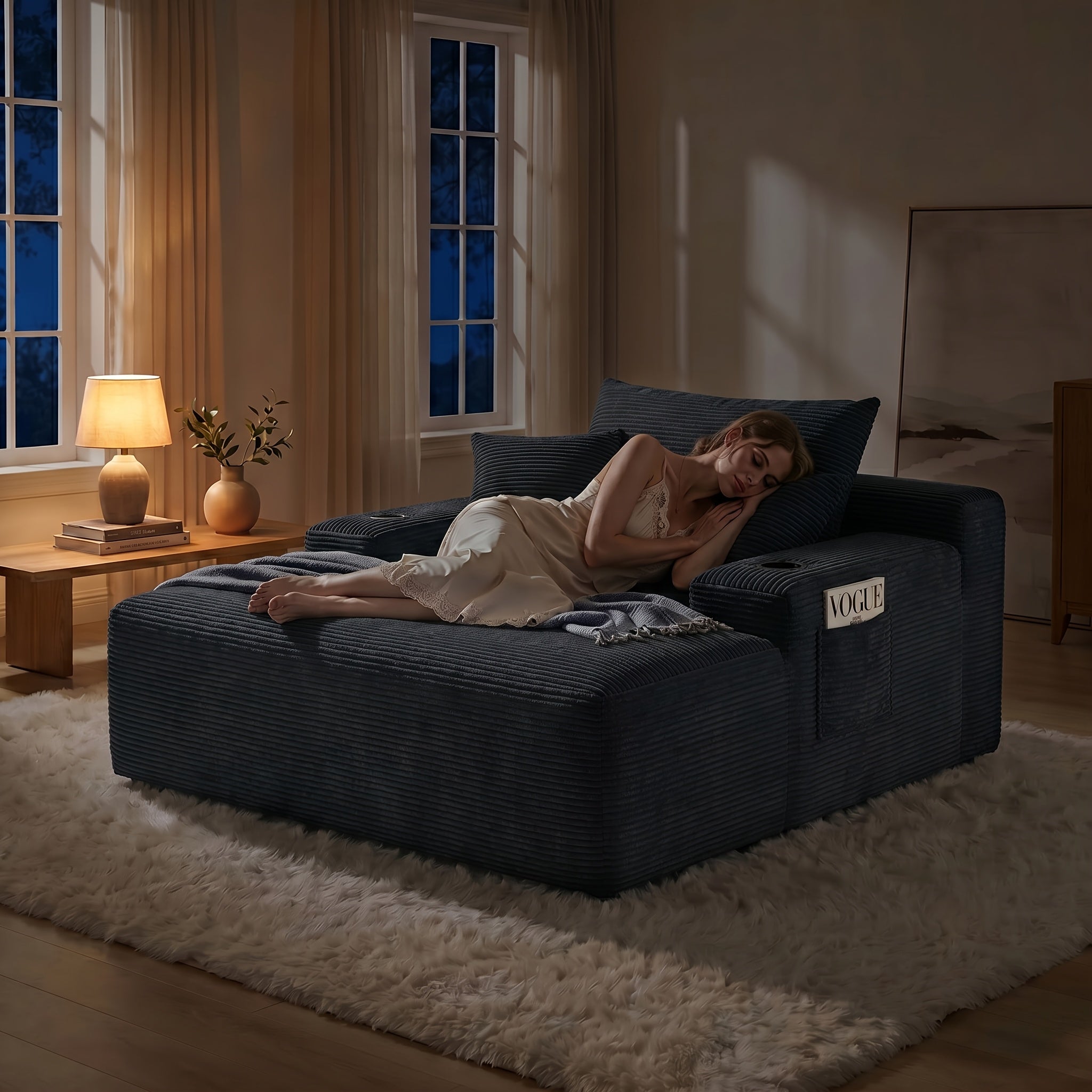 Extra-Large Convertible Chaise Lounge Sofa with High-Rebound Foldable Recliner, Pocket Spring System, High-Density Foam Padding, Cup Holder and Side Pockets