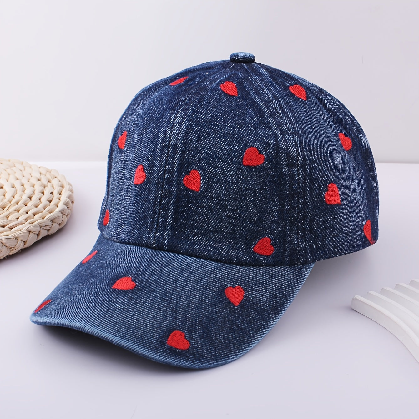 Red Heart Embroidery Baseball Cap, Lightweight Vintage Style, Machine Washable
