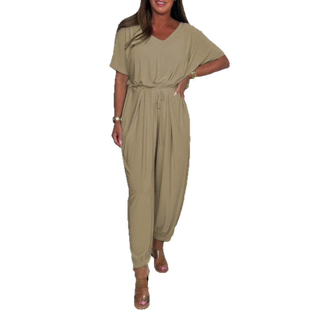 Chic V-Neck Lace-Up Loose Jumpsuit for Women