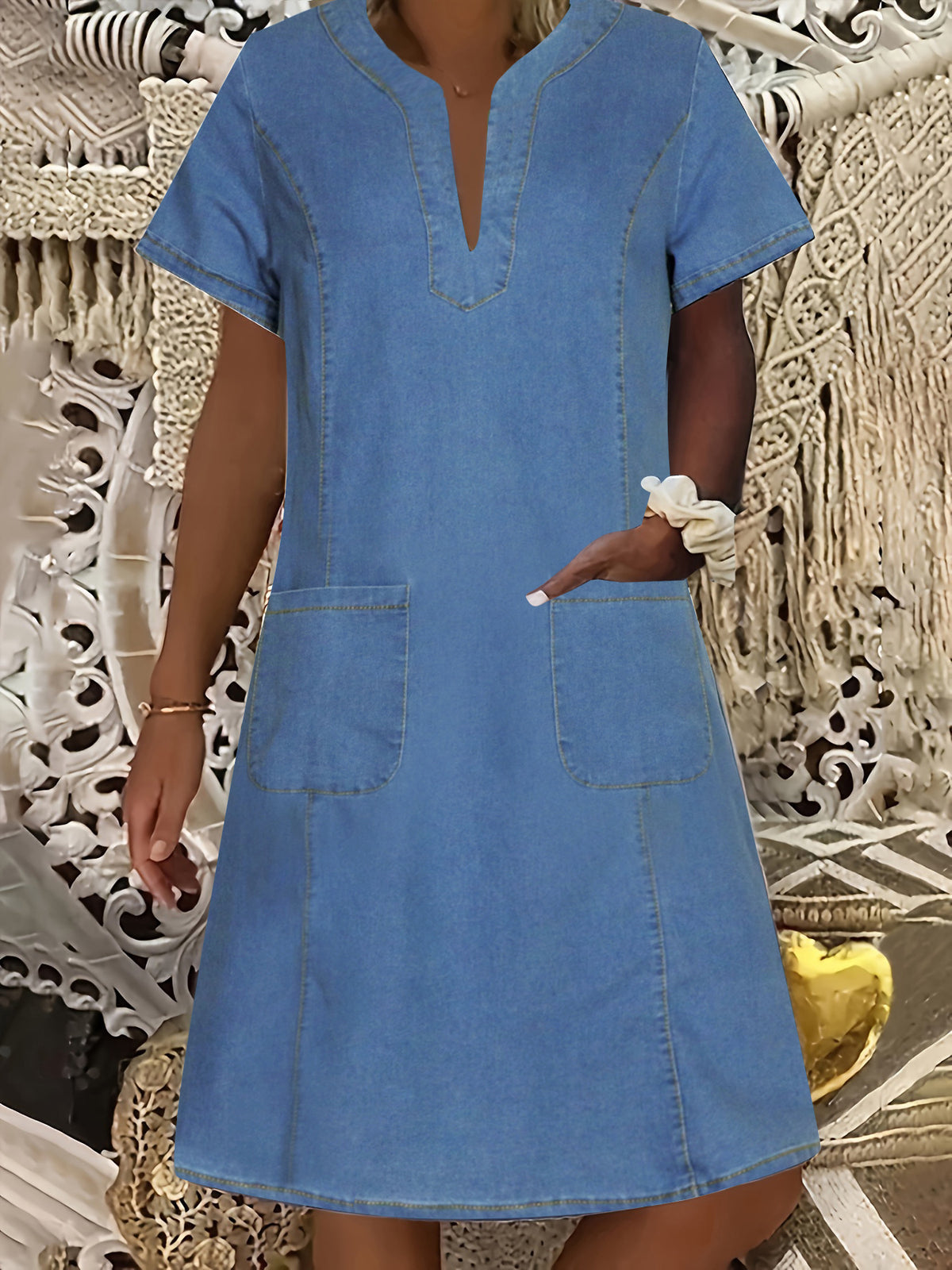 T-selling New Women's V-neck Pleated Pocket Short-sleeve Denim Dres…