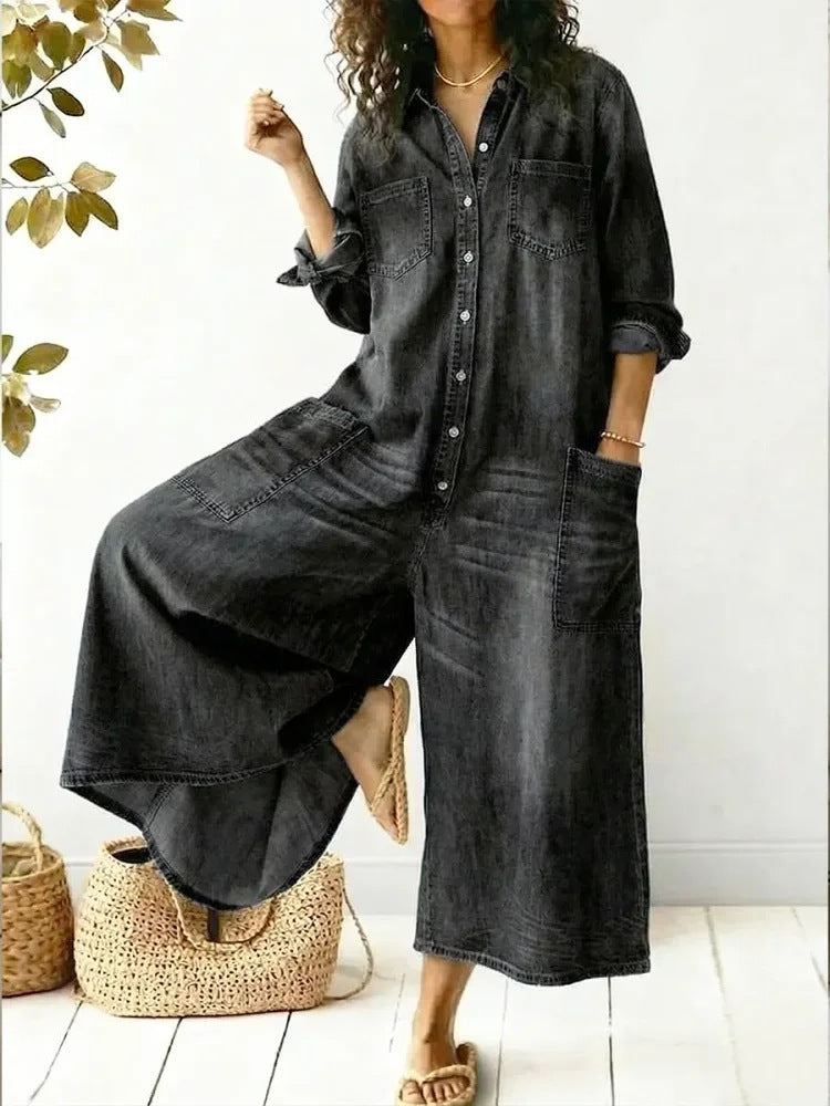 Women's Casual Denim Shirt Jumpsuit with Pockets