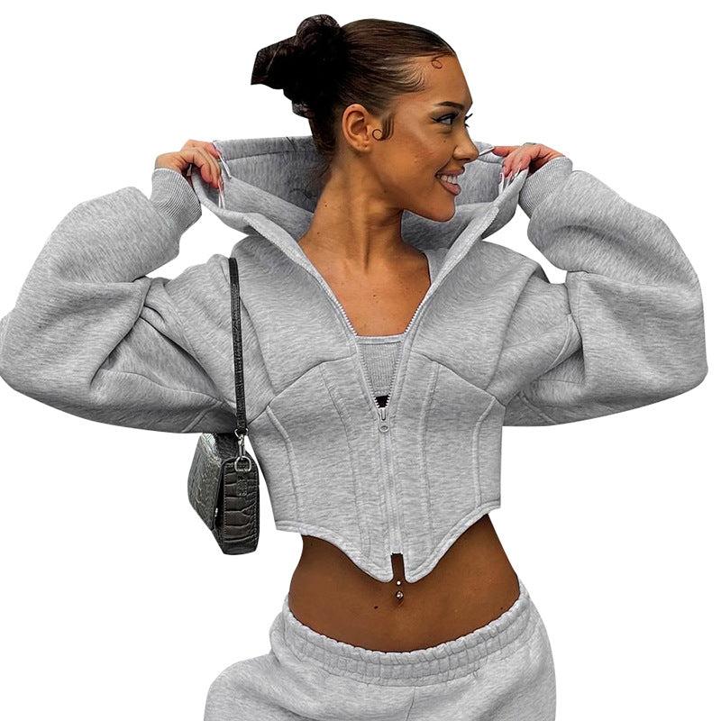 Women's Zip-Up Hooded Cropped Cardigan