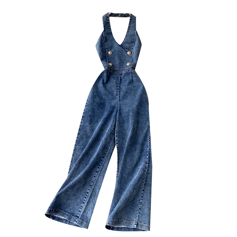 Elegant Neck-hanging Sleeveless Open-back High-waist Slimming Wide-leg Pants