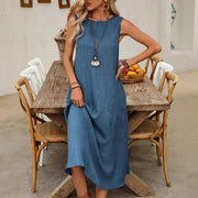 Retro Casual Solid-color Long Loose-fit Figure-flattering Vacation Dress