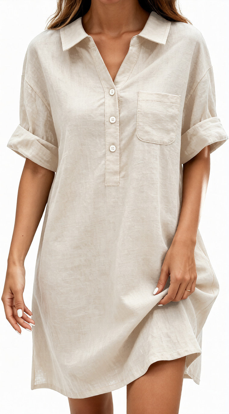 Cotton-linen Solid-color Shirt-collar Casual Breathable Dress