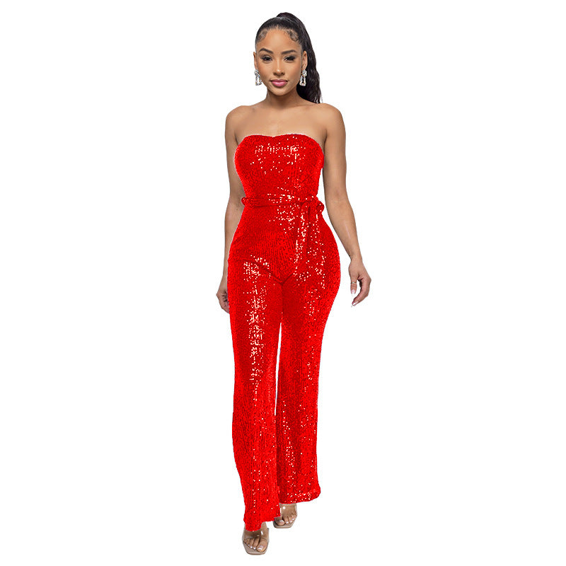Solid-color Womens Tube Top Backless Jumpsuit