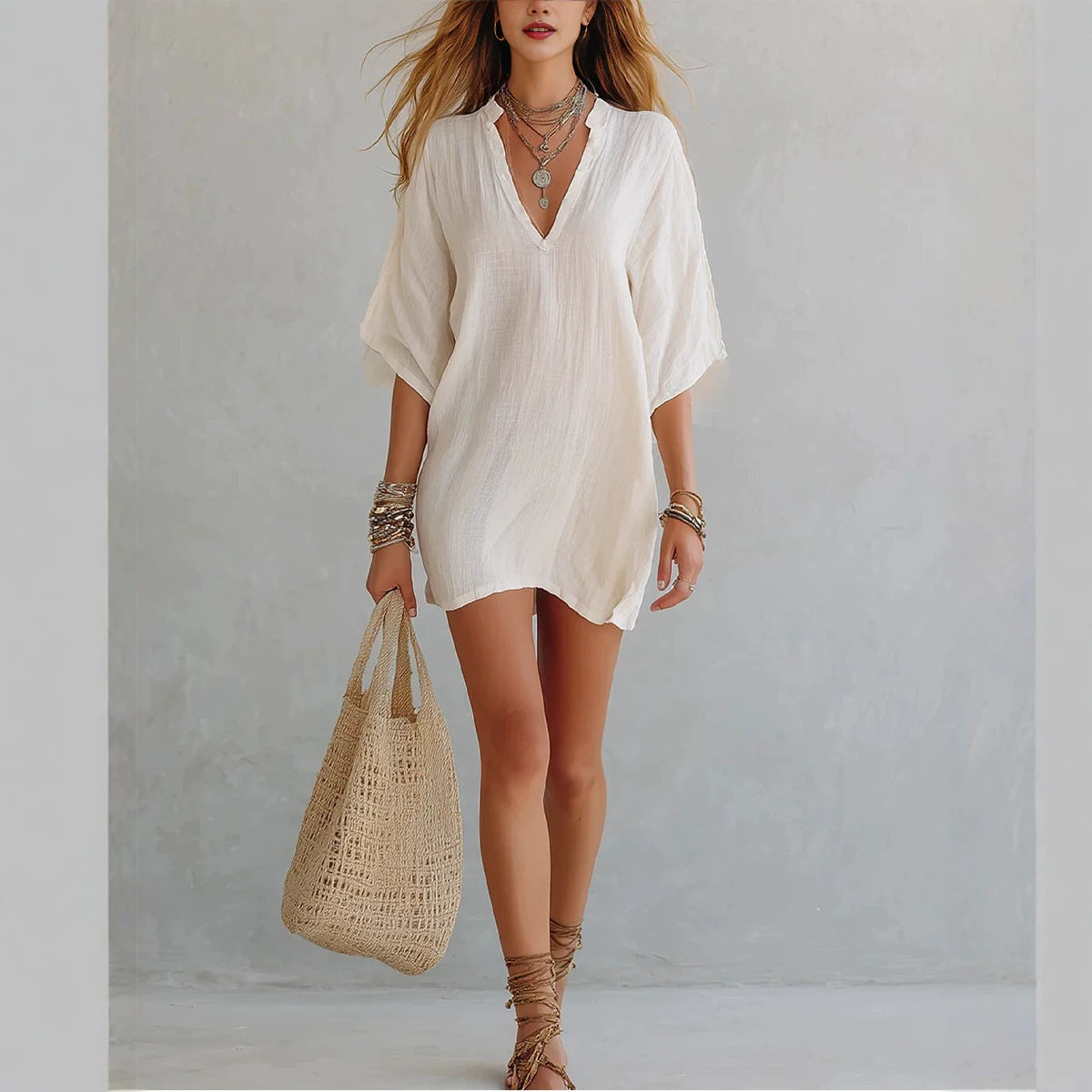 Women's Smock V-neck Loose-fit Three-quarter Sleeve T-shirt