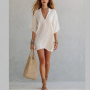 Women's Smock V-neck Loose-fit Three-quarter Sleeve T-shirt