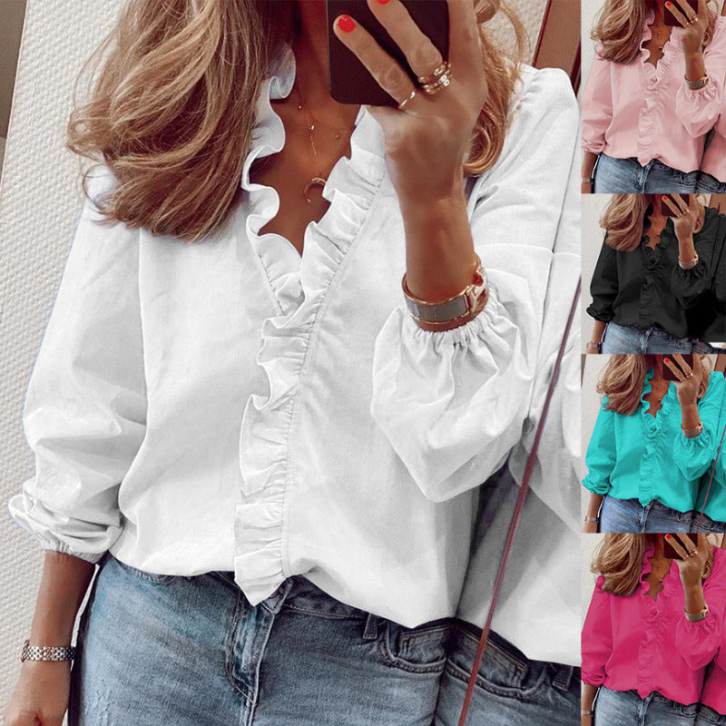 European And American-style Long-sleeve Ruffled Blouse For Women