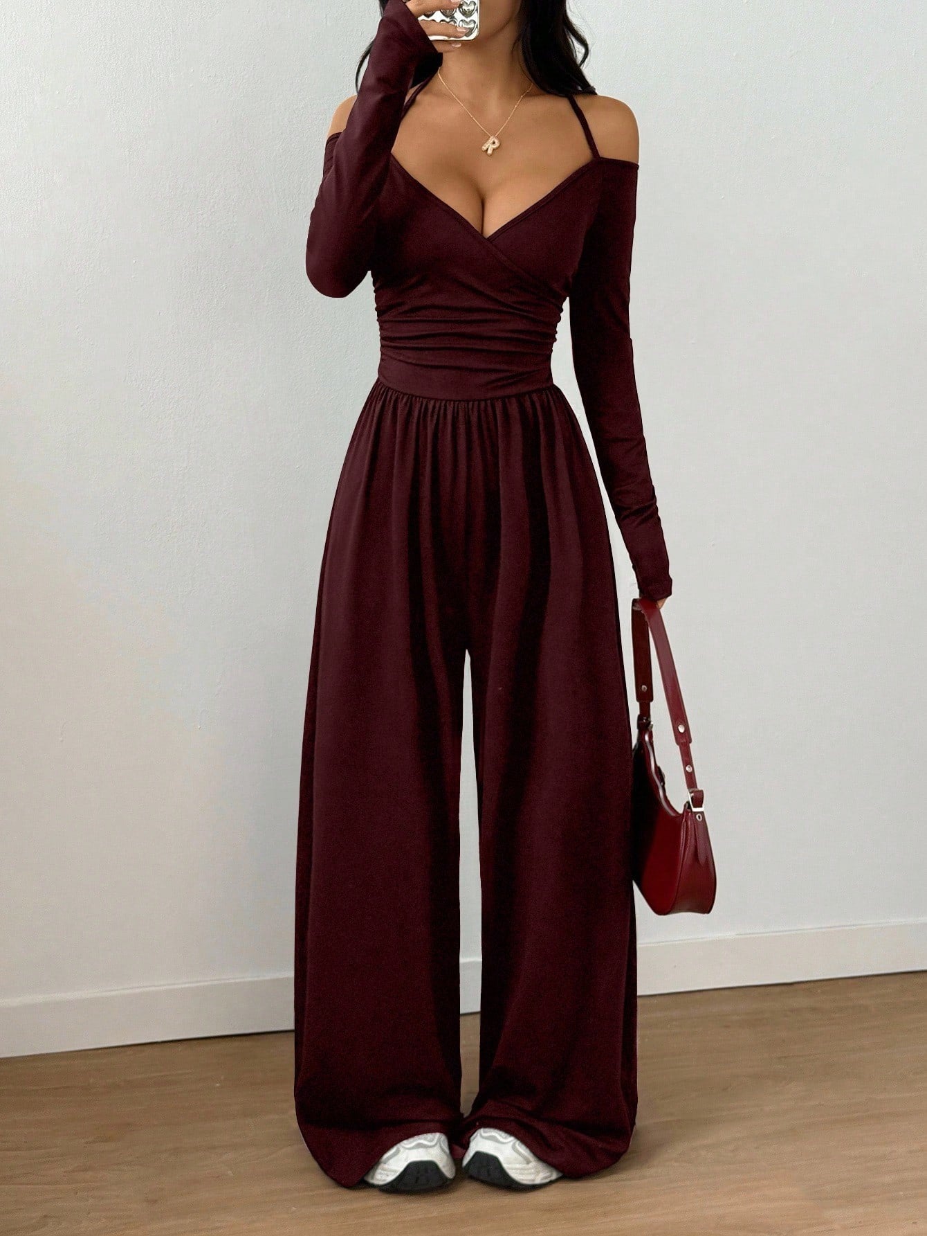 V-neck Halter Lace-up Long-sleeve Jumpsuit For Women