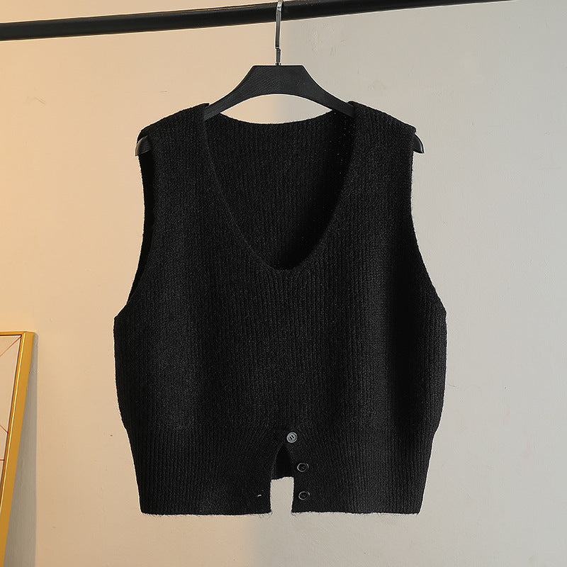Layering a Sweater Over a Waistcoat and Wearing a Slit V Neck Knitted Vest