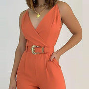 Chic V-Neck Tie Waist Slimming Jumpsuit for Women