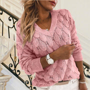 Knitted Sweater with Feather Detailing Hollow Out Design V Neck and Long Sleeves