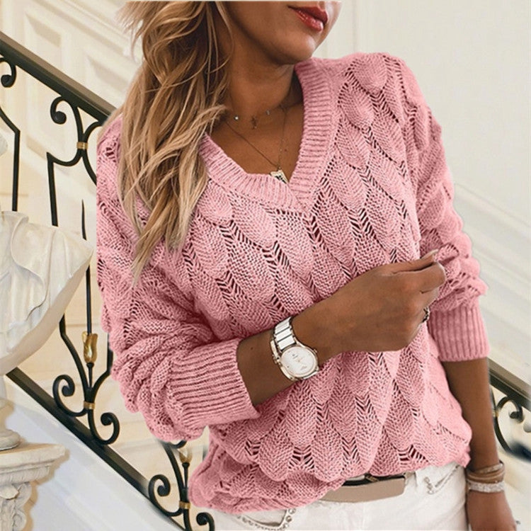 Knitted Sweater with Feather Detailing Hollow Out Design V Neck and Long Sleeves