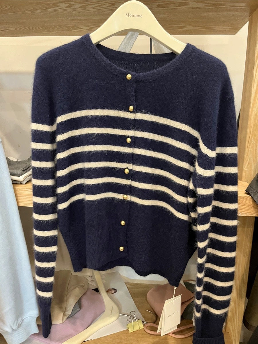 Round-neck Gold-button Wool Knit Cardigan Sweater